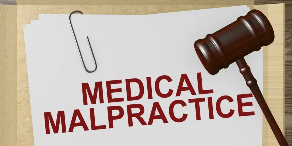 Image of a folder with "Medical Malpractice" stamped in red on it witha gavel nearby