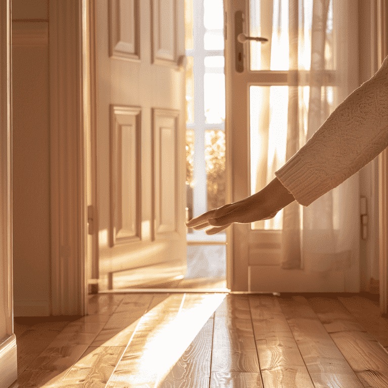 bare hand reaching out to sunlight from open door