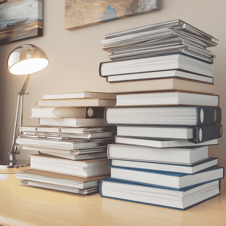 A stack of organized books and medical files on a desk, symbolizing knowledge and structure.