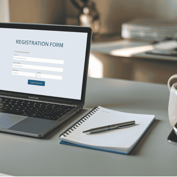Desk with an open laptop displaying a registration form, a notepad, and a pen, symbolizing taking the next step in the registration process.