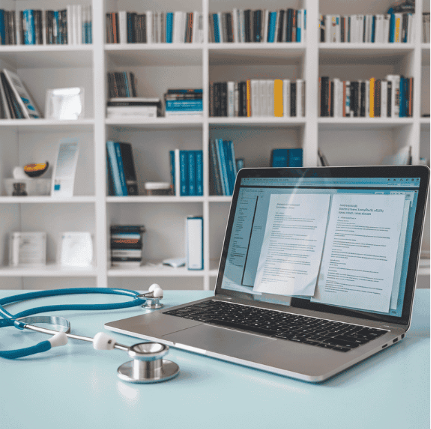 Medical office with a laptop displaying documents and a stethoscope, with books and certifications in the background representing expertise in pediatrics.