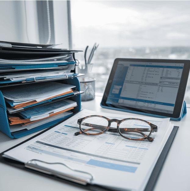 Close-up of a desk with medical files, a tablet displaying patient records, and eyeglasses resting on a report, indicating expert review and analysis.