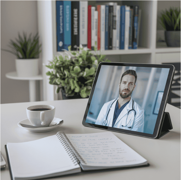 Office desk with a tablet showing a professional profile of a physician, alongside an open notepad, coffee cup, and bookshelf in the background.