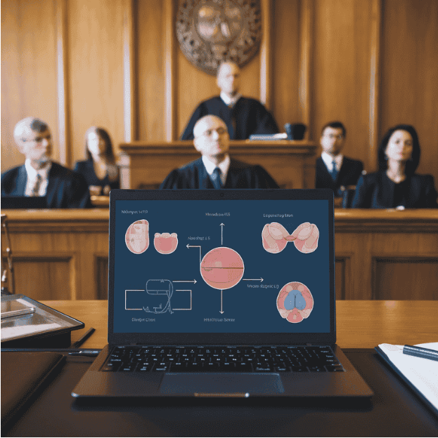 Courtroom desk with a laptop displaying medical diagrams for a case, with attorneys and a judge in the background, symbolizing expert witness testimony.