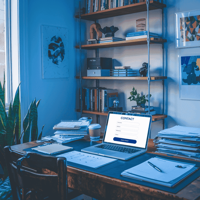 A laptop in a home office showing a contact form, symbolizing the ease of reaching out for expert witness assistance.
