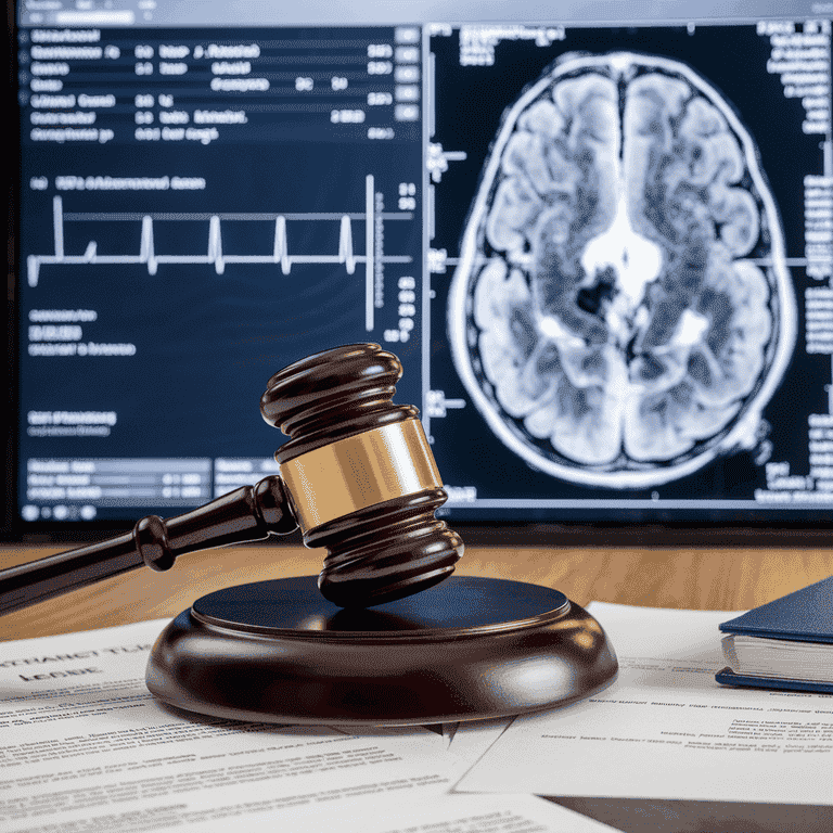 A medical chart and legal documents representing neurosurgery case types.