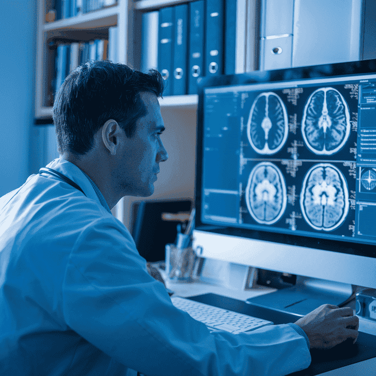 Neurosurgeon reviewing brain scans on a computer