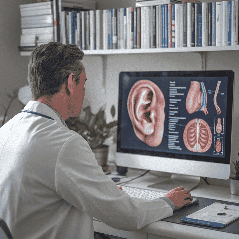 An otolaryngologist in a home office reviewing medical diagrams of the ear, nose, and throat on a computer, symbolizing expertise in otolaryngology expert witness services.