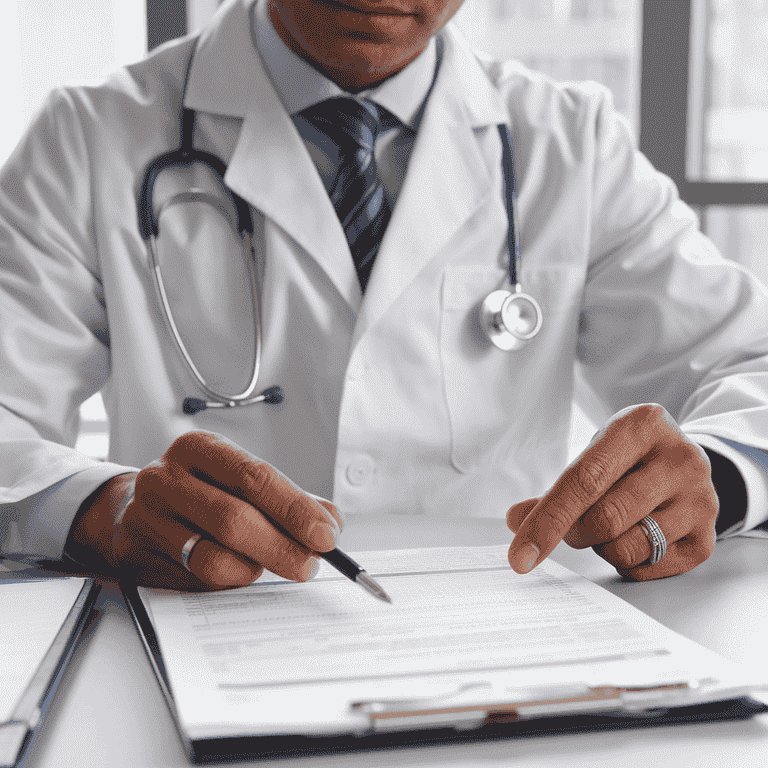 Neurosurgeon preparing medical records for testimony.