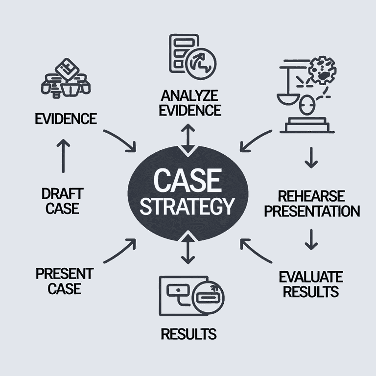 Case strategy flowchart with medical icons