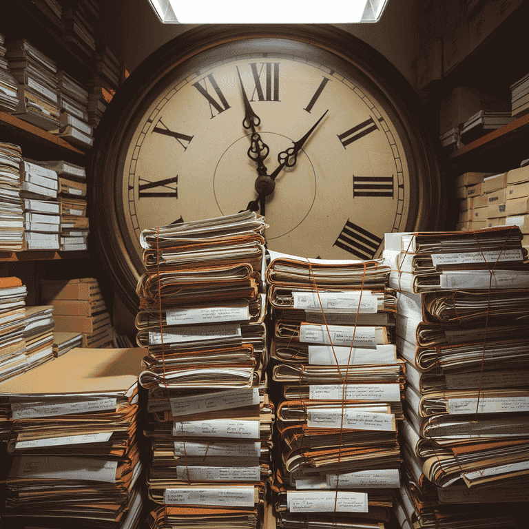 Stacks of medical records with a clock symbolizing time management to review medical records