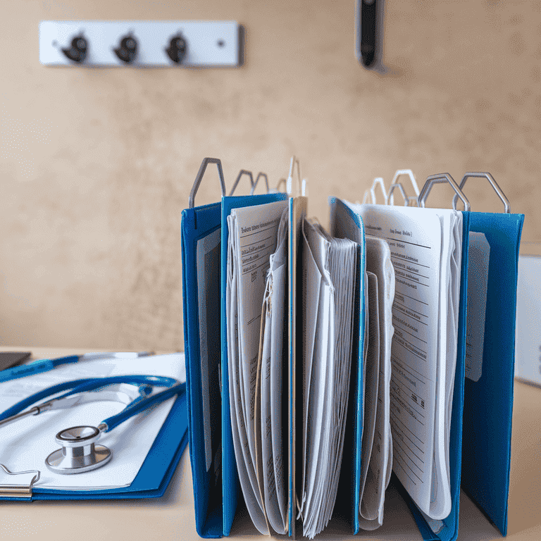Medical chart folders and documents with medical symbols