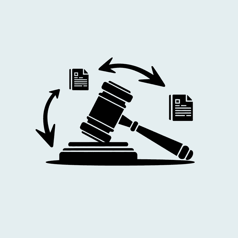 Gavel, legal documents, and arrows showing legal process progression
