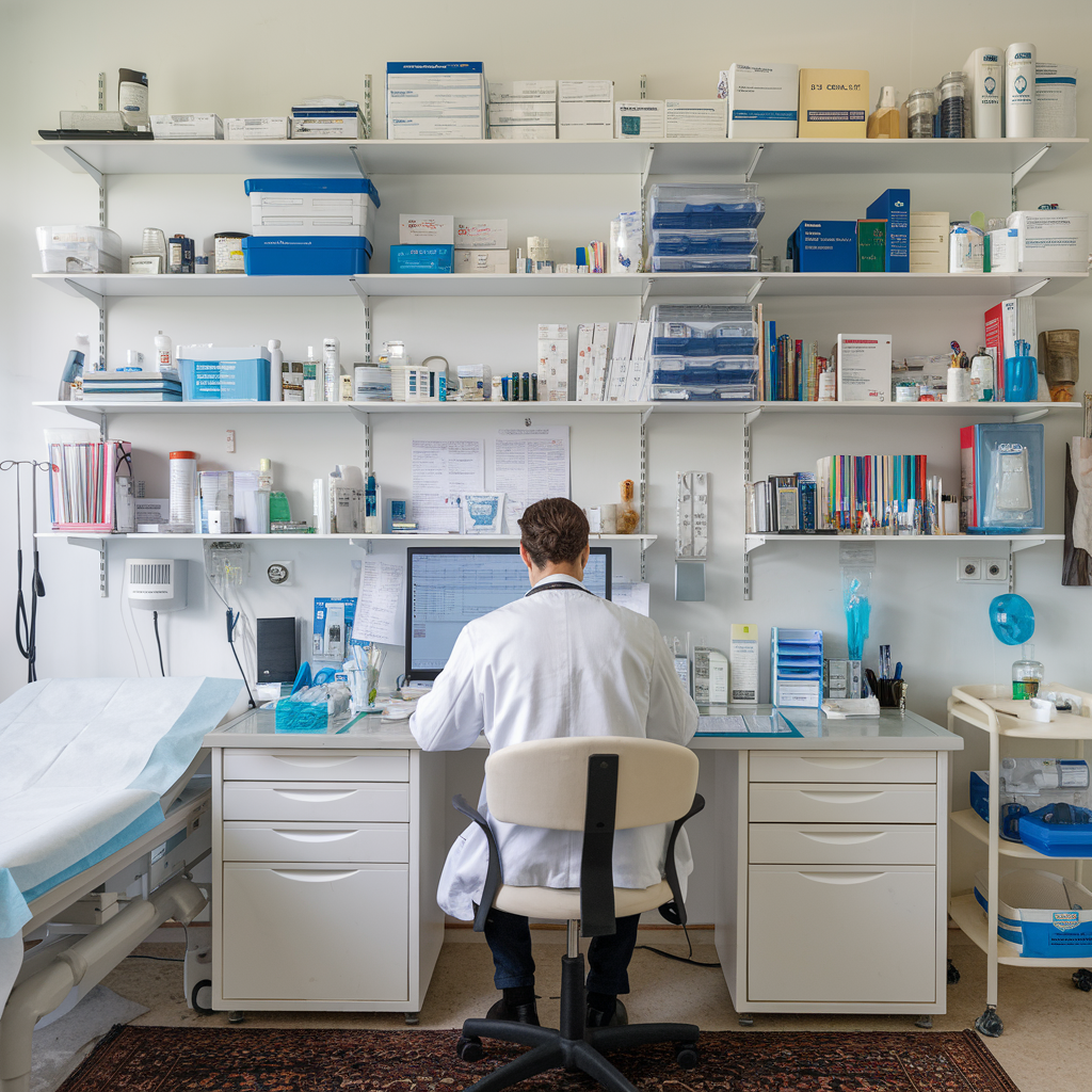 A medical professional conducting an impartial evaluation in an office setting for an IME.