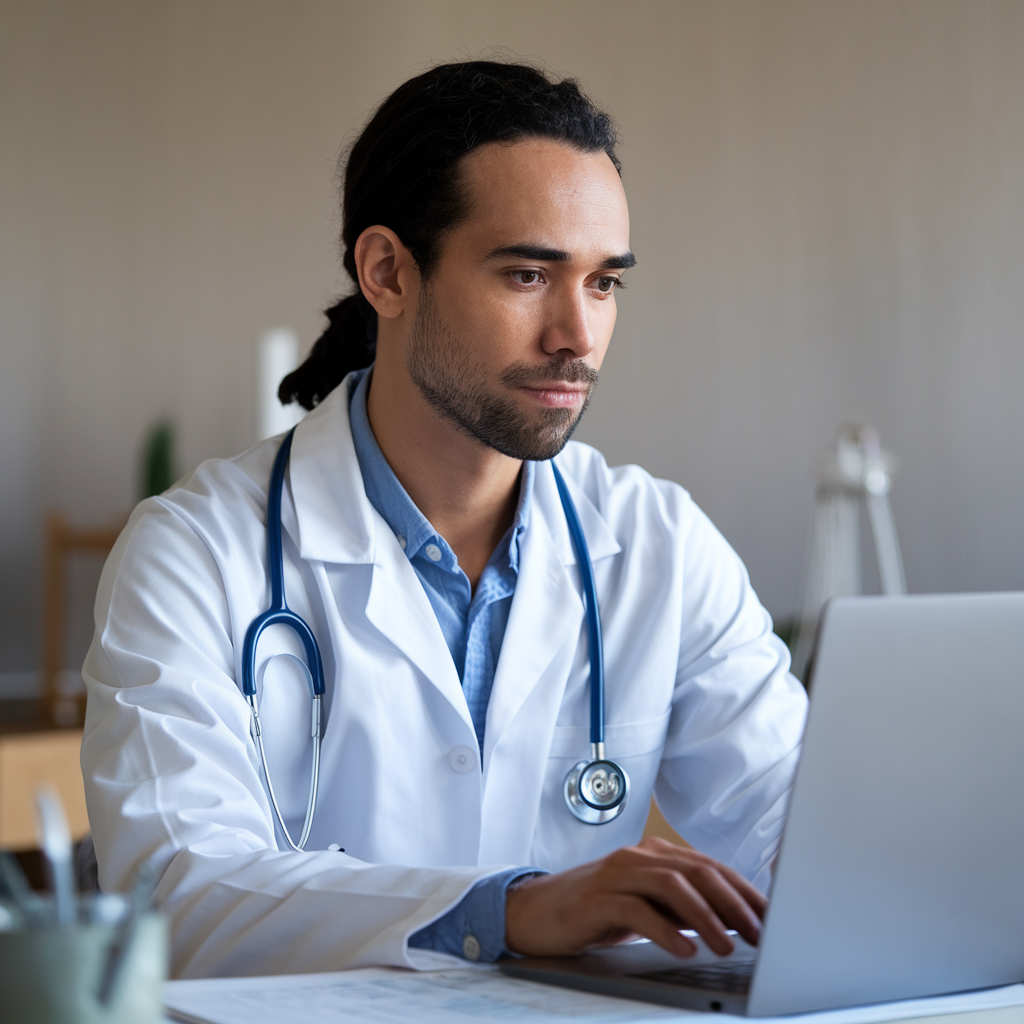 Remote doctor conducting an Independent Medical Examination (IME) via video call, reviewing medical records for an ethical evaluation.