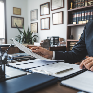 Professional expert witness analyzing case files in a modern office