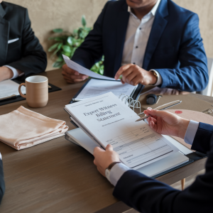 Legal team reviewing transparent billing statements in a professional office