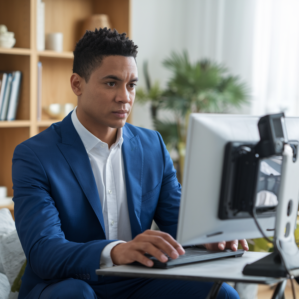 A psychiatry expert witness conducting a remote Independent Medical Evaluation (IME) via a secure telemedicine platform.