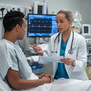 An anesthesiology expert witness reviewing medical records in a clinical setting.