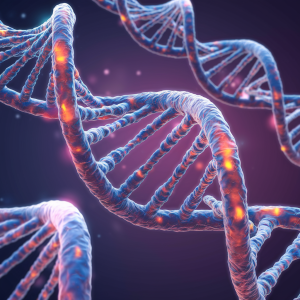 A detailed close-up of a DNA double helix, representing the science behind genetic testing.