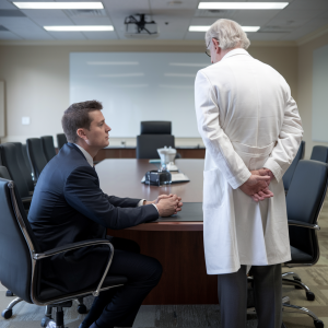 Lawyer and anesthesiology expert witness discussing case details in a conference room