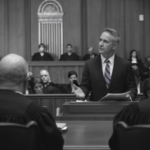A genetics expert witness presenting complex data in a courtroom setting, helping the court understand genetic evidence.