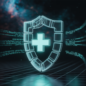 Digital shield made of blockchain blocks protecting a medical cross, symbolizing secure healthcare technology.