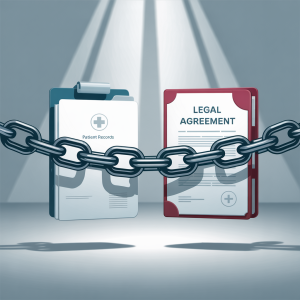 Secure blockchain chain connecting a medical record and legal document, representing medico-legal case applications.