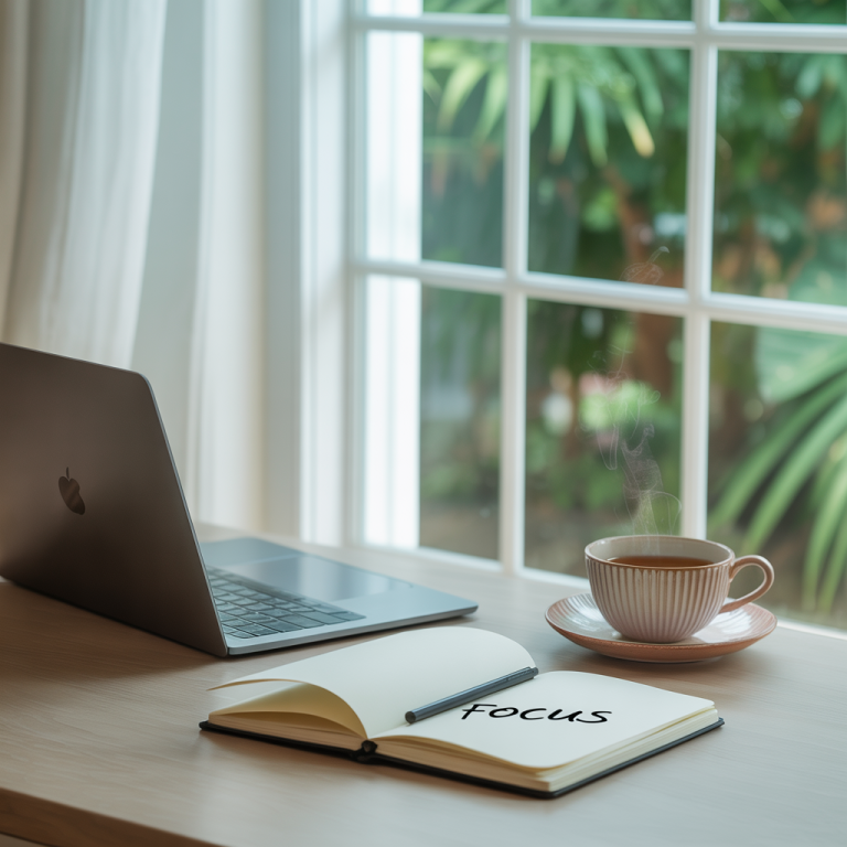 Quiet and peaceful workspace with notebook and tea by a sunlit window