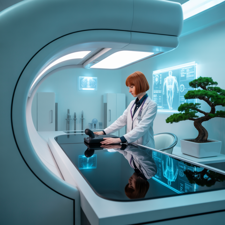 Futuristic medical workspace with advanced technology, representing the future of healthcare.