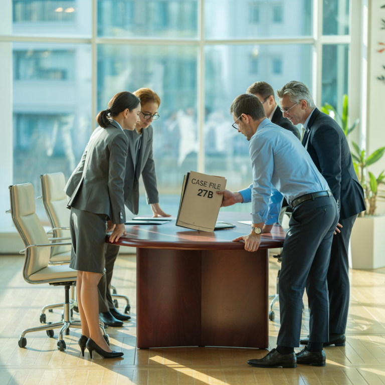 Medical and legal professionals collaborating and reviewing documents in an office