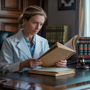 Medical expert reviewing case file with legal materials, illustrating the challenges of expert testimony.