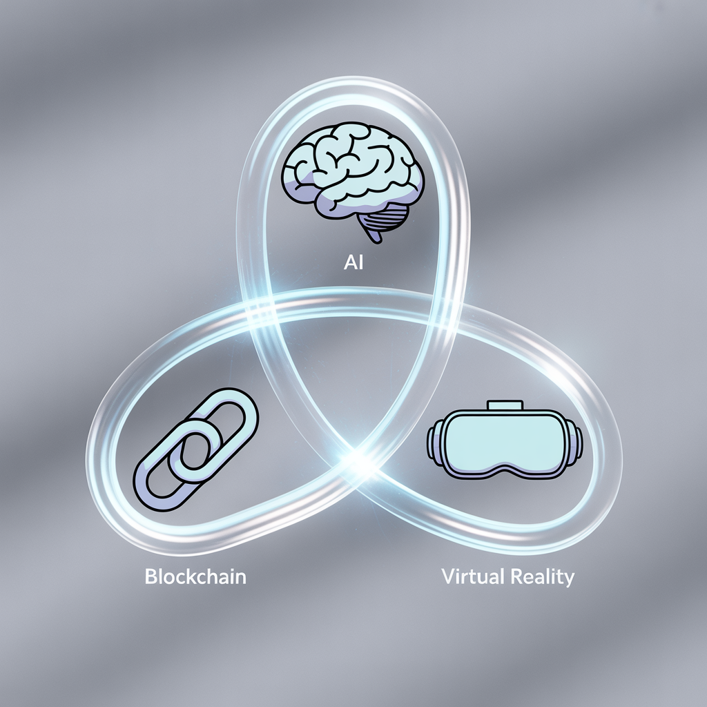 Icons representing AI, blockchain, and virtual reality connected in a simple graphic.