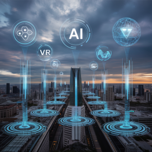 Futuristic digital cityscape representing the future of emerging technologies in medical examinations.
