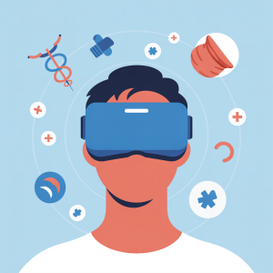 Person using virtual reality headset with medical icons representing VR in medical evaluations.