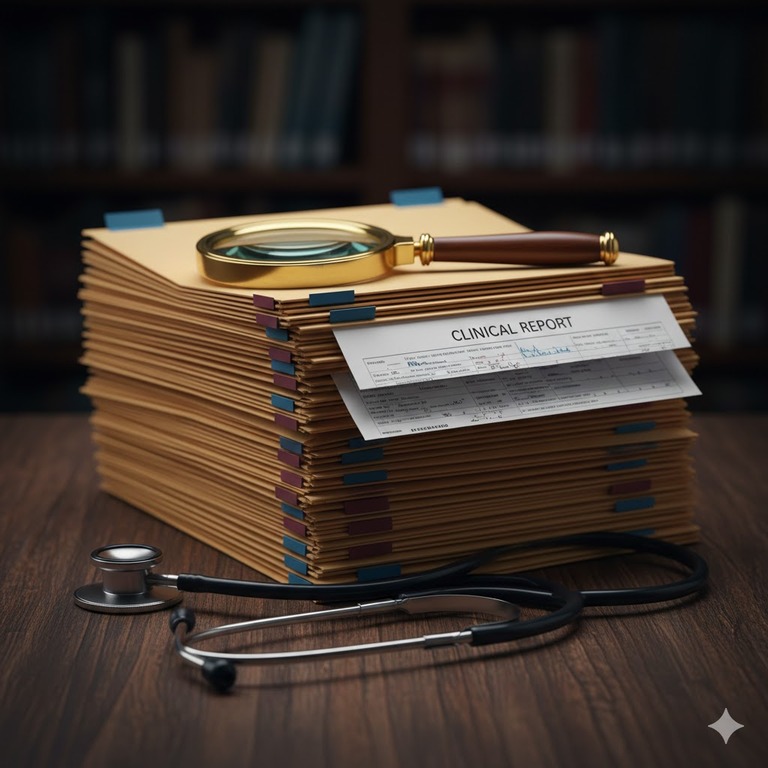 A medical magnifying glass resting on clinical files next to a stethoscope, symbolizing the detailed forensic review of a family medicine case study.