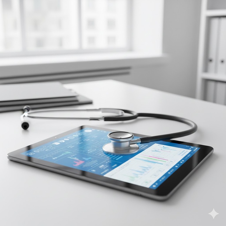 A stethoscope resting on a digital tablet displaying medical data in a professional healthcare setting, representing the intersection of clinical expertise and digital records.