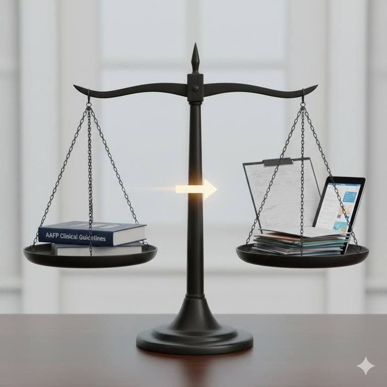 A medical stethoscope placed next to a legal gavel on a wooden desk, representing the forensic evaluation of medical standards.