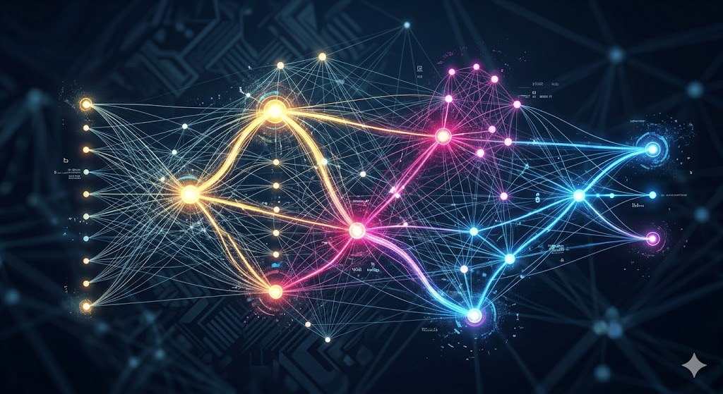 Visualization of an AI neural network showing complex connections and decision pathways