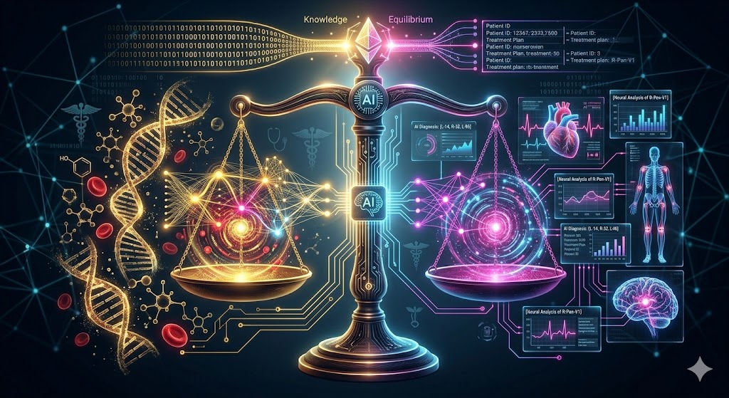 Balanced scale representing ethics alongside digital medical data and artificial intelligence icons