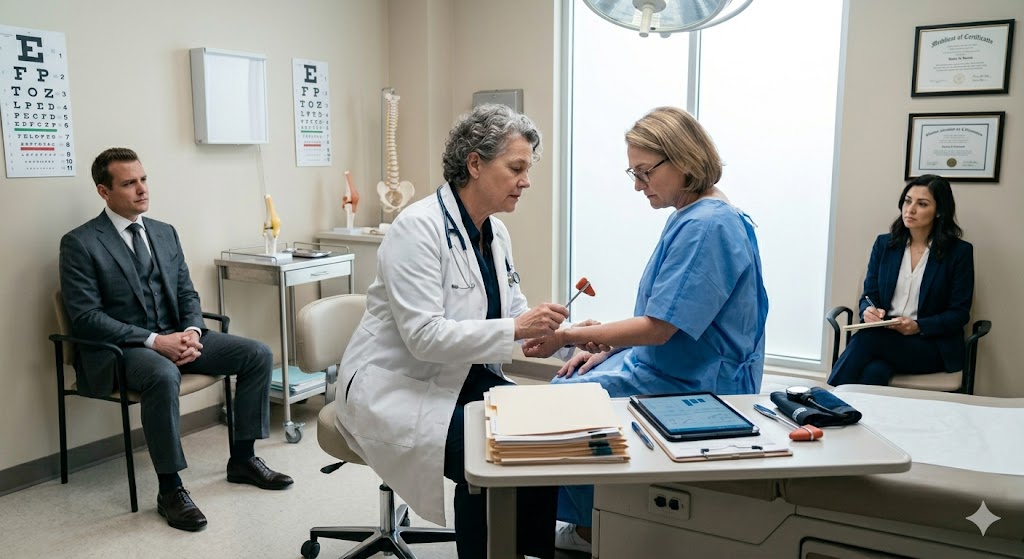 Medical examiner conducting an independent evaluation in a clinical environment