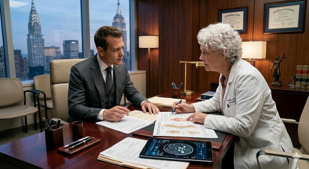 Lawyer and medical expert discussing case strategy in a professional office