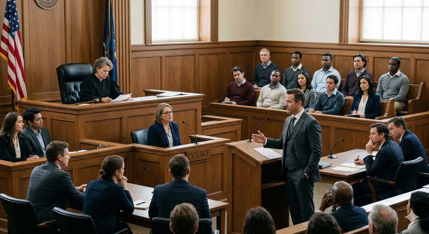 Jury and judge in courtroom during high-value civil litigation proceeding