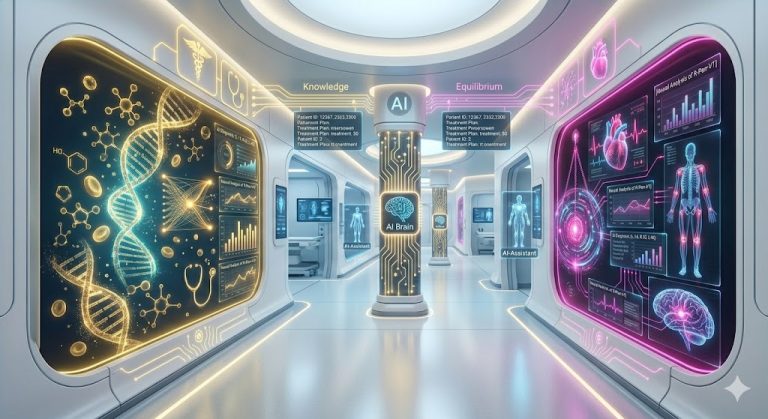 Modern hospital corridor with digital interfaces representing AI integration in healthcare