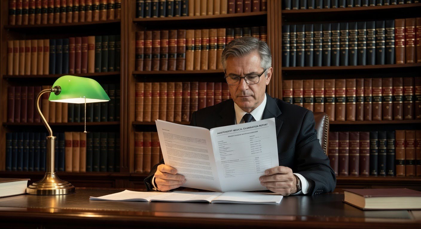 Attorney reviewing an IME medical report at a law office desk