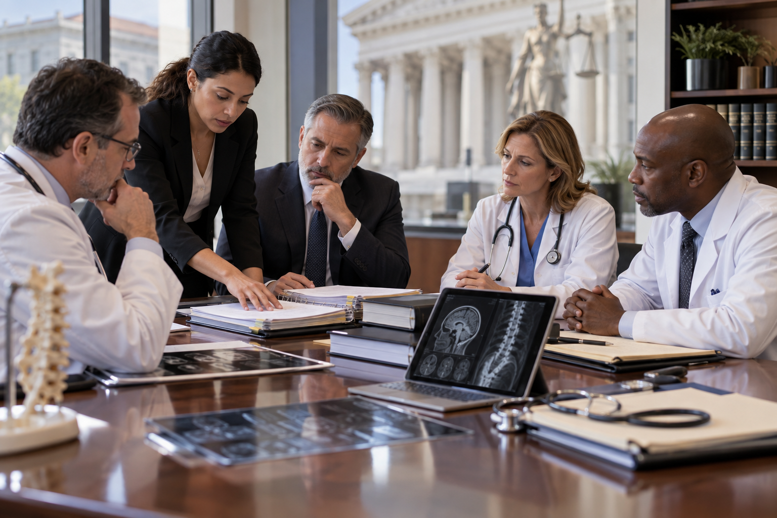 Doctors and attorneys meeting to discuss a medical-legal case