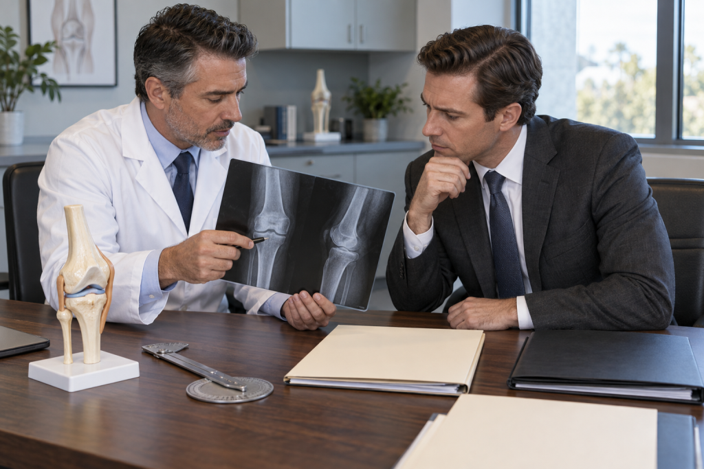 Physician and attorney reviewing medical images together in a consultation room.