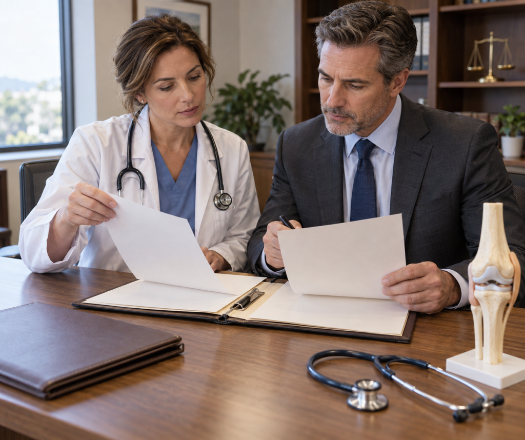 A physician and a legal reviewer examining medical files together in a private office.