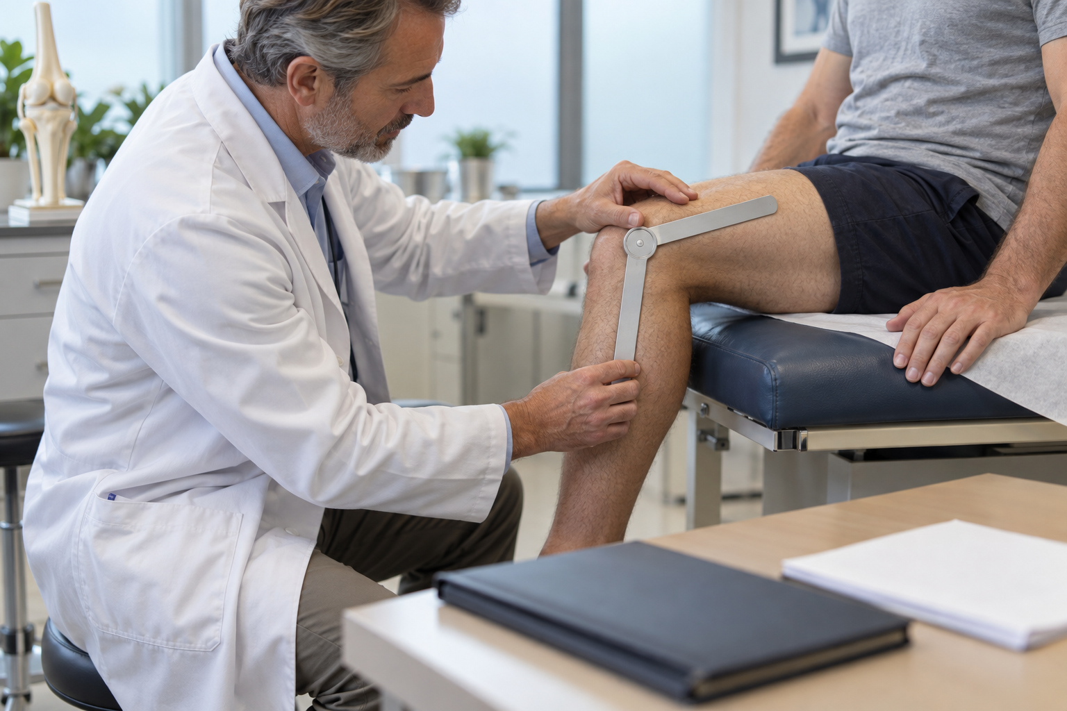Physician measuring a patient's knee mobility during an orthopedic examination