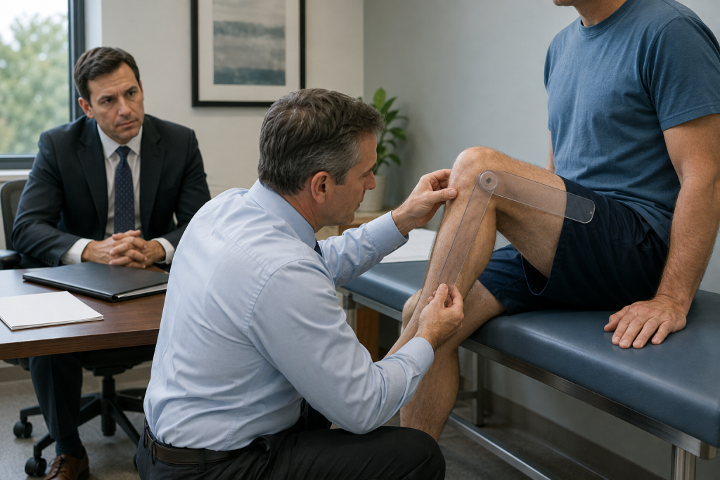 Physician measuring a patient’s knee motion while an attorney observes during an independent medical examination